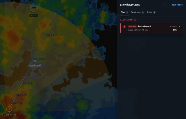 Panneau de notifications Storm Predict : alerte danger sur le spot « Parcelle nord », orage à 34 km dans 46 minutes, et sa trajectoire horodatée sur la carte